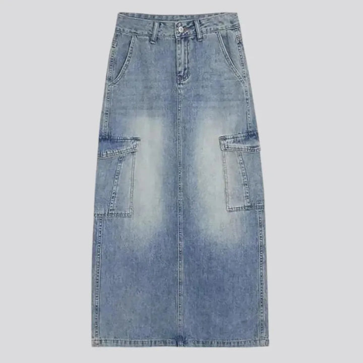 High-rise faded wash jean skirt