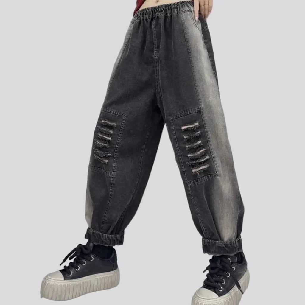 Side-bands distressed denim pants
 for ladies