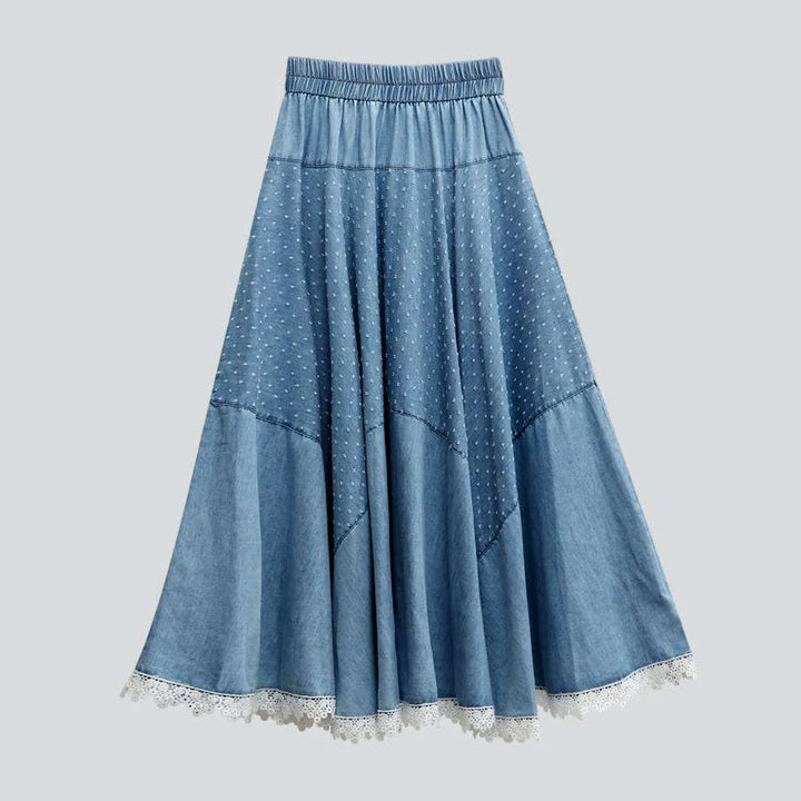 Lace hem embroidered denim skirt