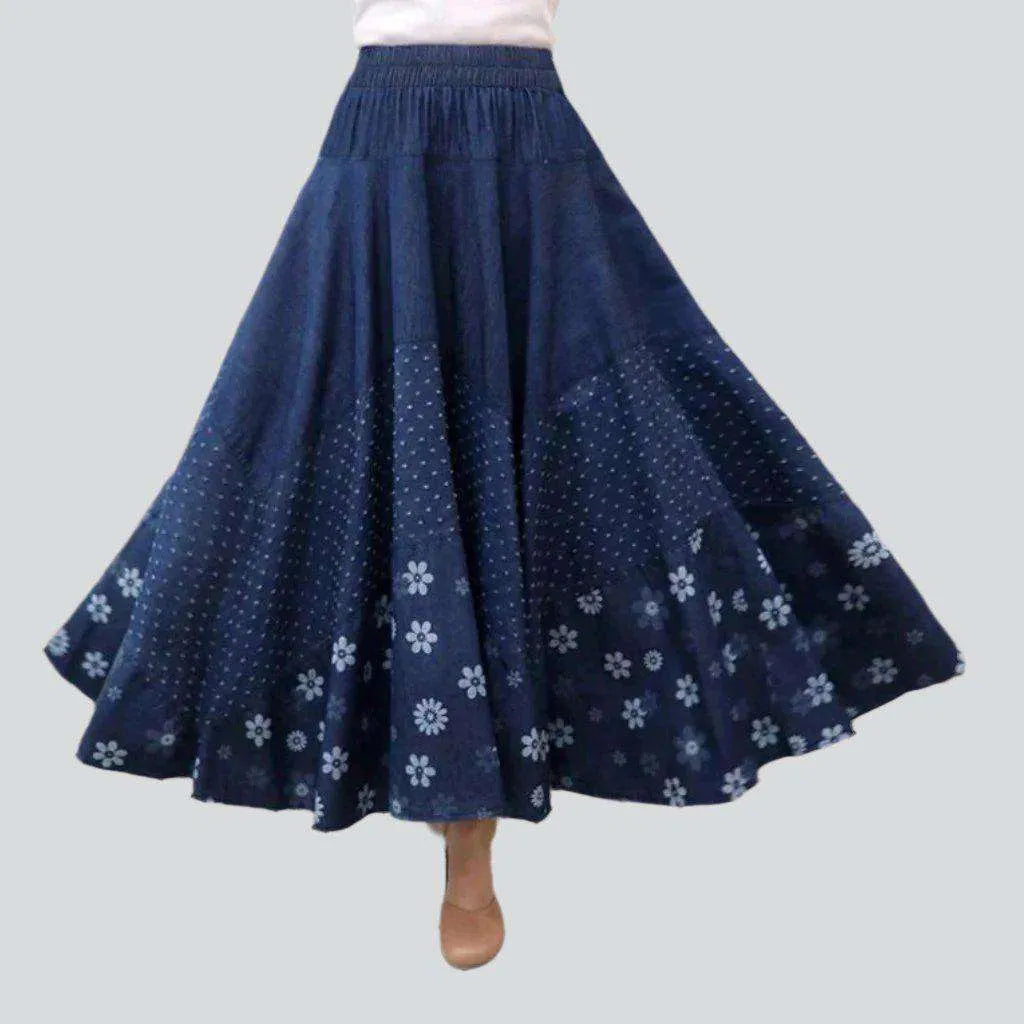 Boho chic long denim skirt