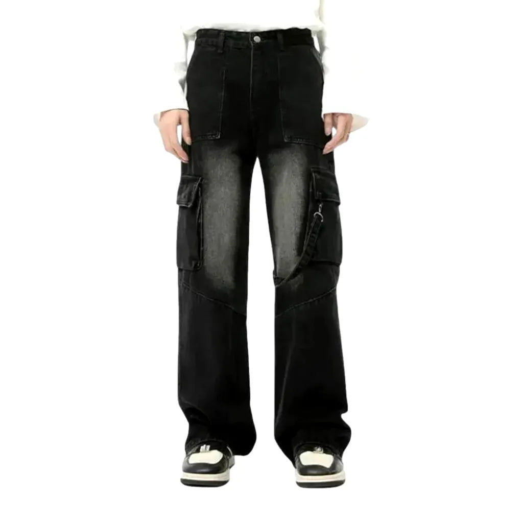 Sanded Boho Style Wide Men's Jeans - Black