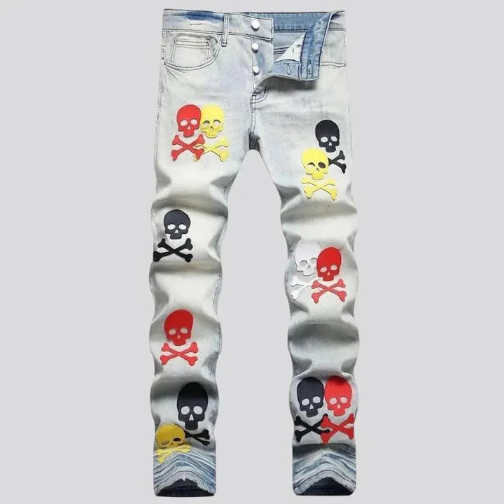 Skull-embroidery mid-waist jeans for men