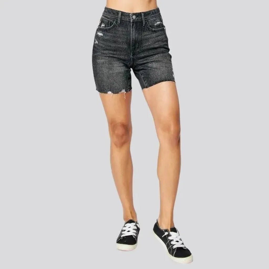 Distressed whiskered denim shorts for ladies