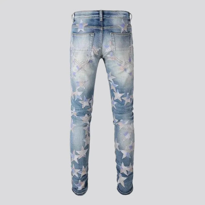 Stars-embroidery men's distressed jeans