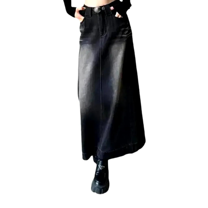 Maxi Creased Stylish Jean Skirt - Black