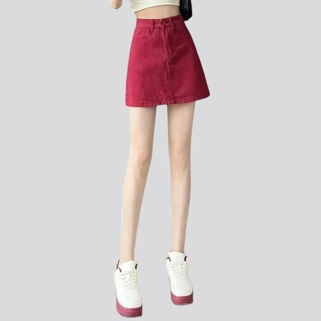 Mid-waist red women's jeans skort