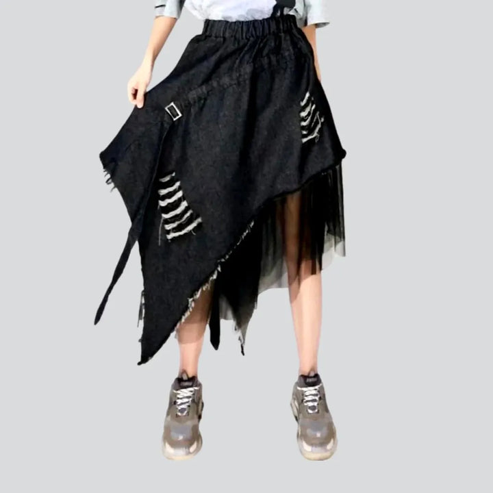 Distressed urban midi denim skirt