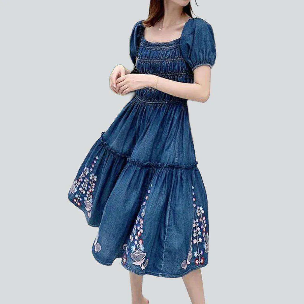 Pleated embroidered midi denim dress