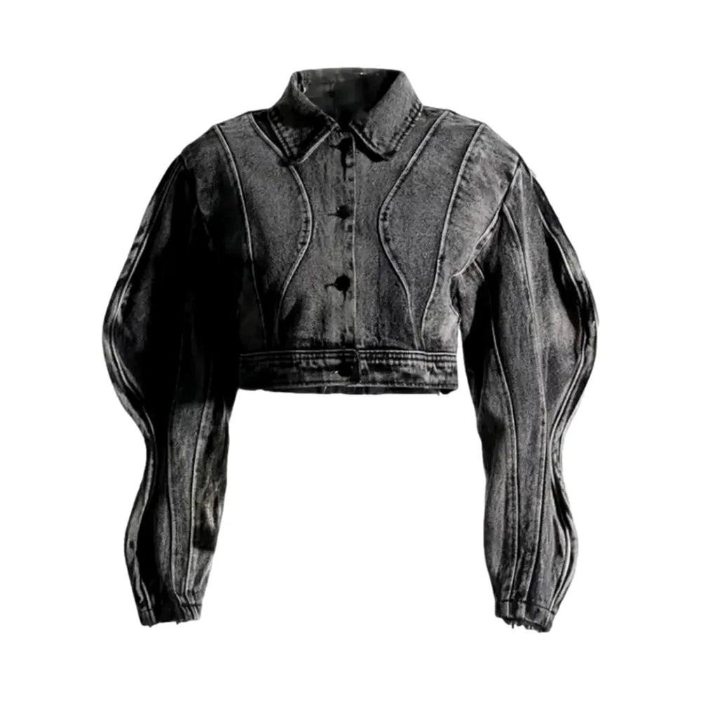 Contrast Pattern Extra-large Women's Jean Jacket - Black