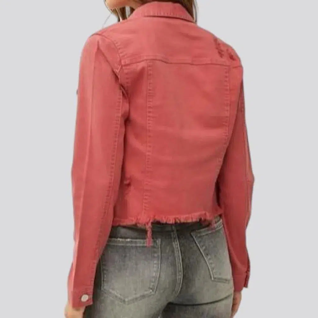 Raw-hem moderate-stretch denim jacket for women