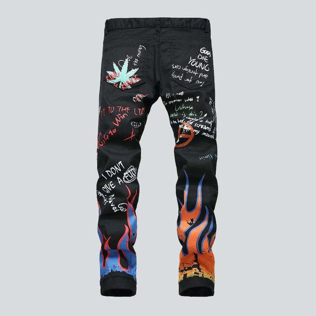 Color flame-painted men's jeans