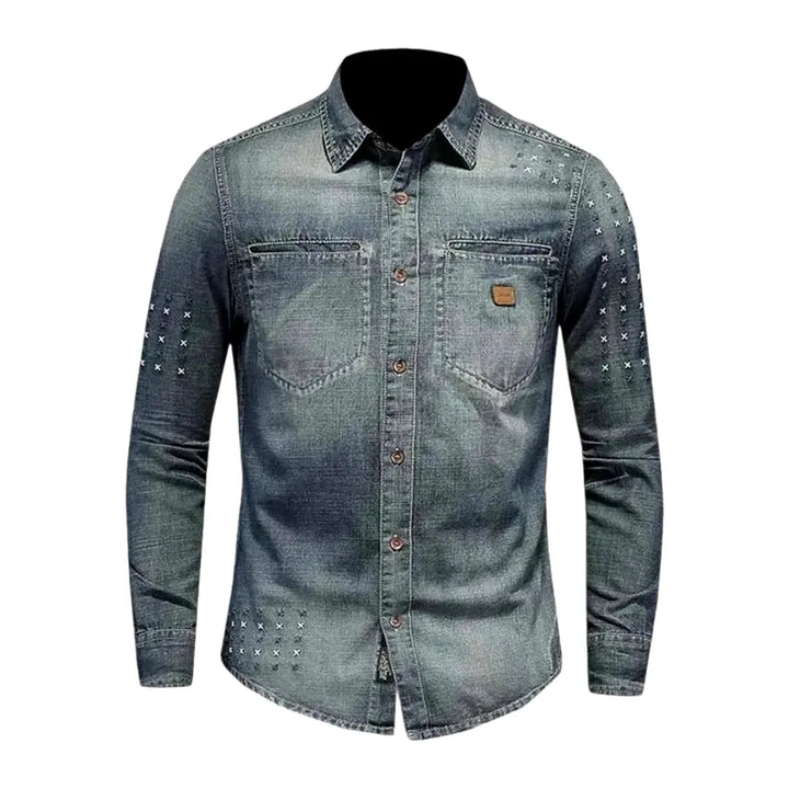 Vintage Medium Length Men's Denim Shirt - Blue