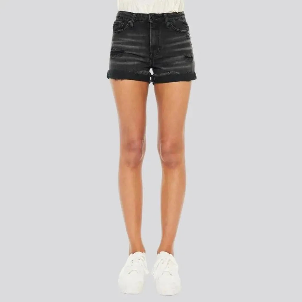 Black high-waistline jean shorts for ladies