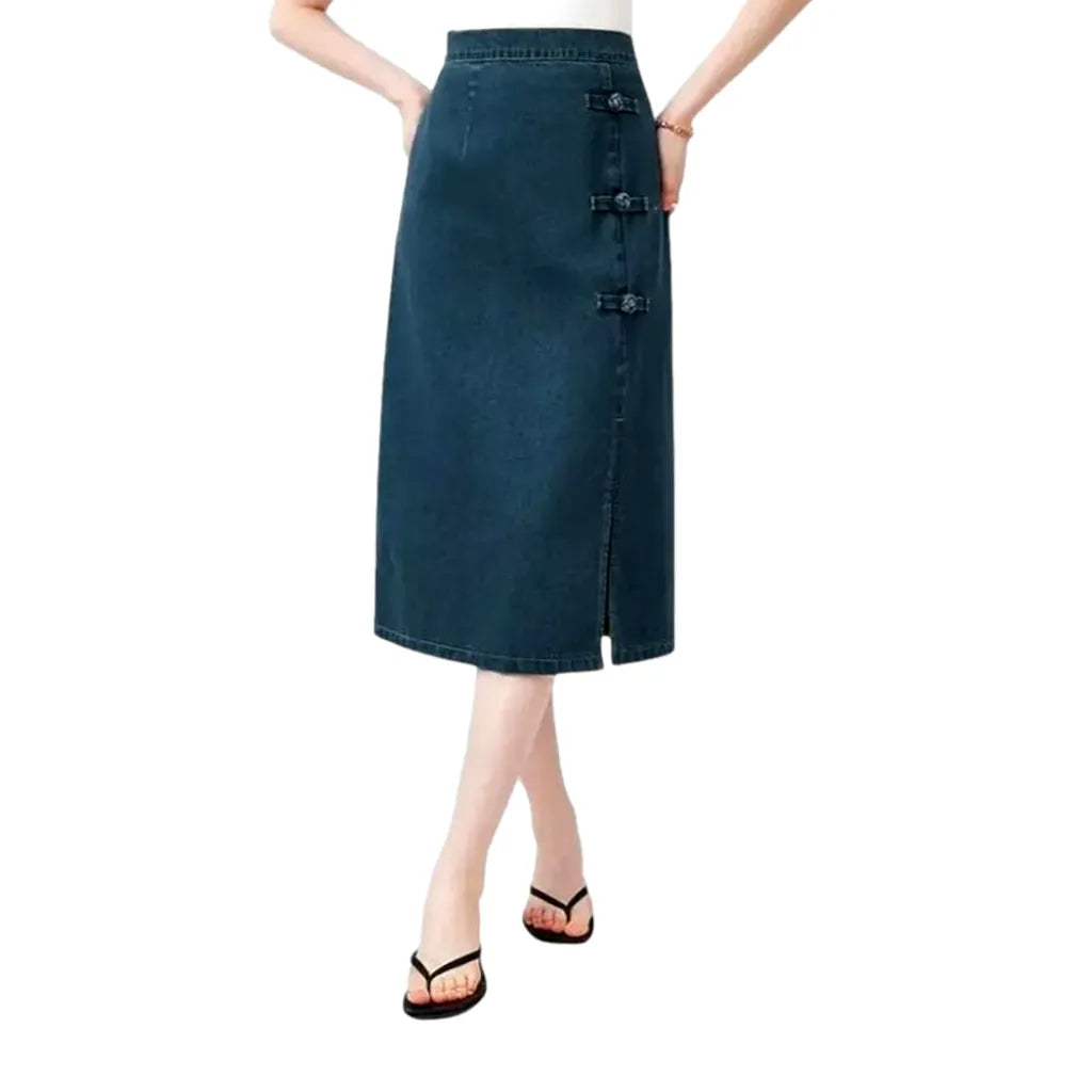 Stylish High-rise Midi A-line Jean Skirt - Blue