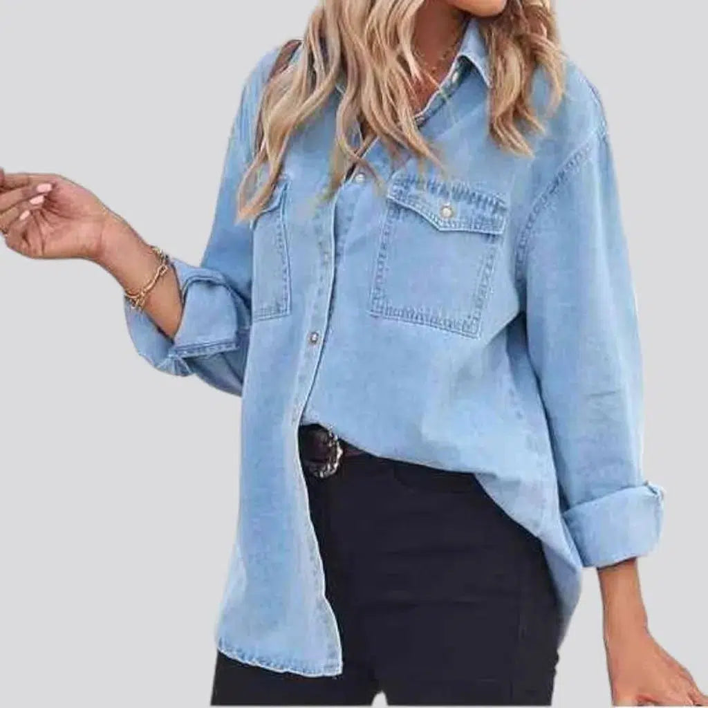 Oversized pebble-washed denim shirt for women