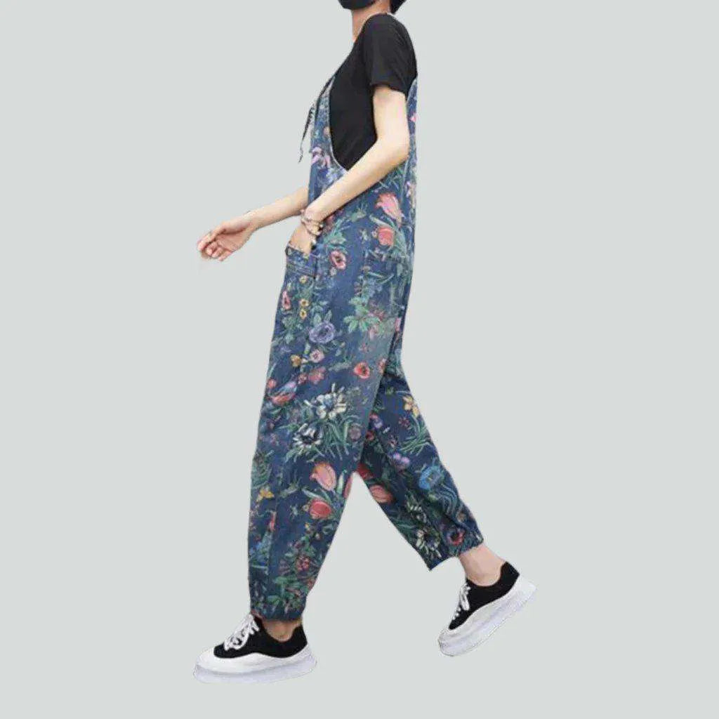 Floral print blue denim jumpsuit