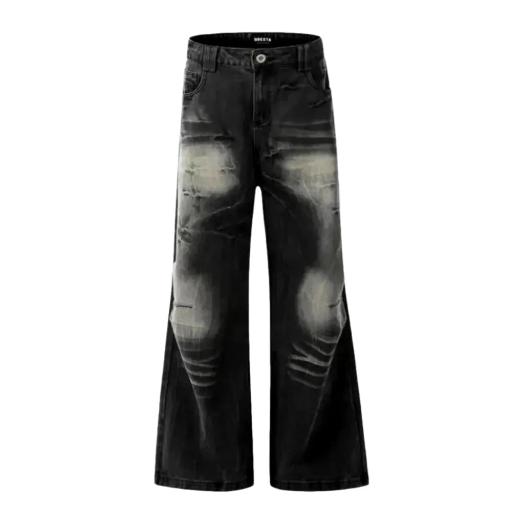 Bleached Patchwork Wide Leg Jeans for Men - Grey