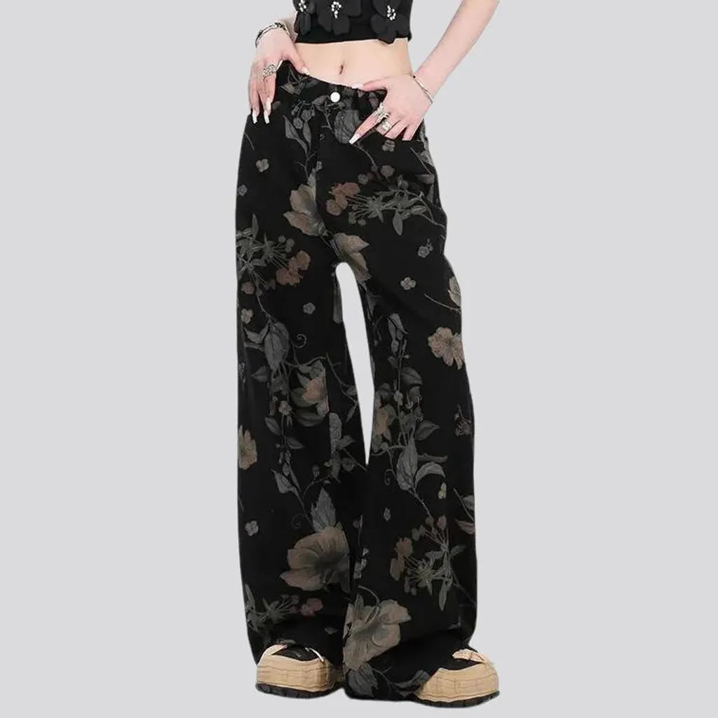 High rise baggy floral jeans for ladies