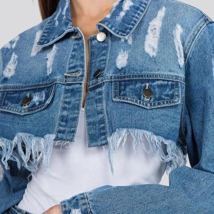 Fashionable frayed denim jacket for women