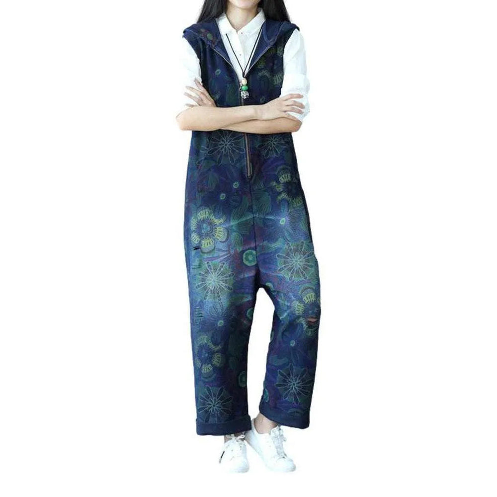 Baggy Painted Women's Denim Jumpsuit - Blue