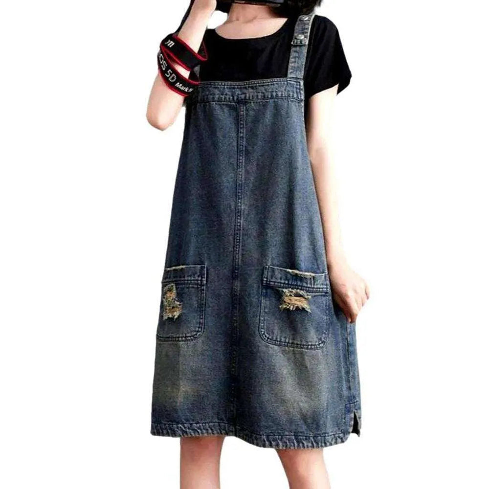 Baggy Ripped Jeans Overall Shorts for Ladies - Blue