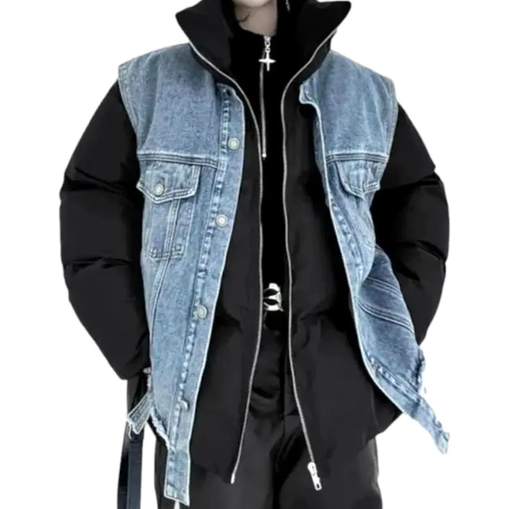 Fashionable Men's Jeans Puffer Jacket - Black