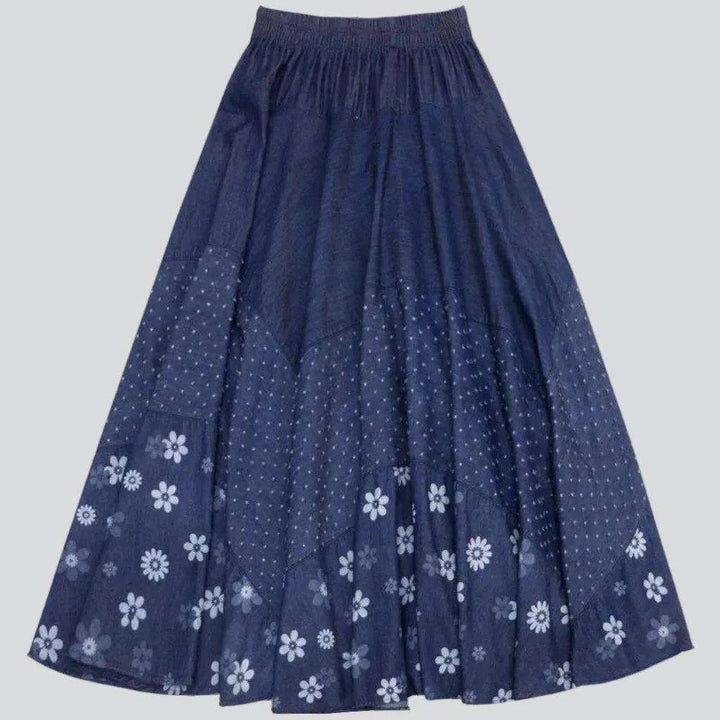 Boho chic long denim skirt