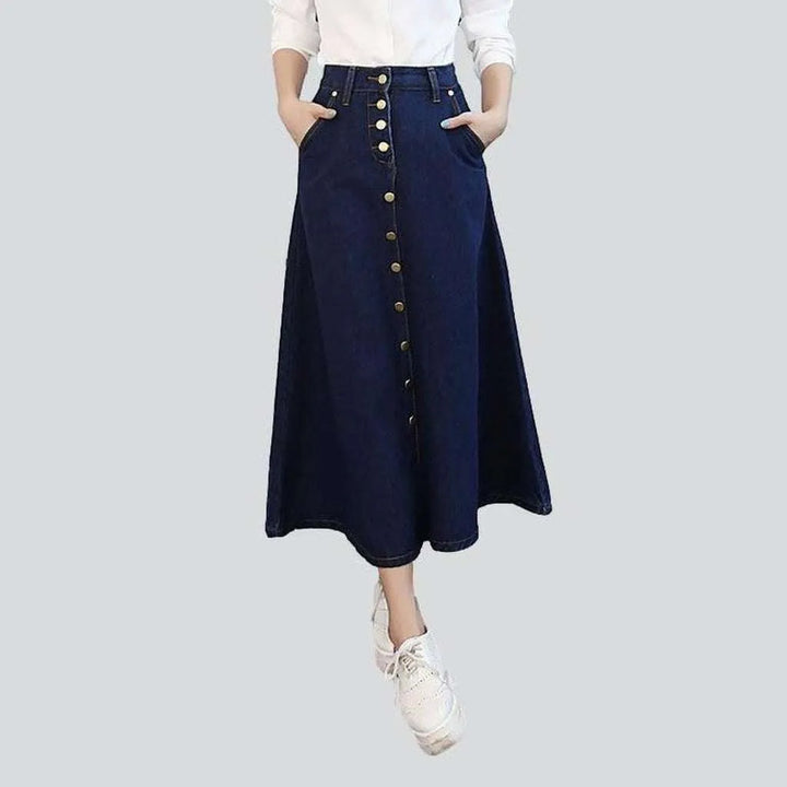 Long a-line buttoned denim skirt