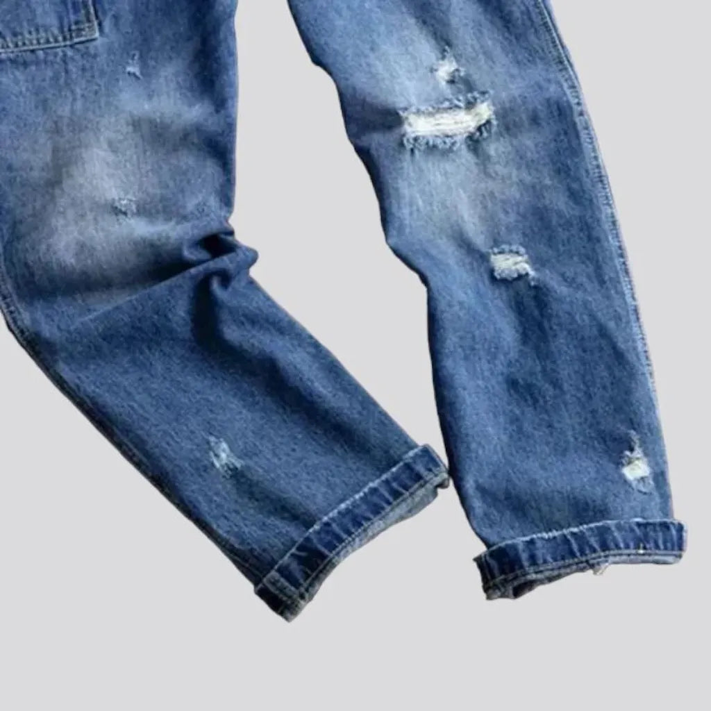 Distressed denim overall for men