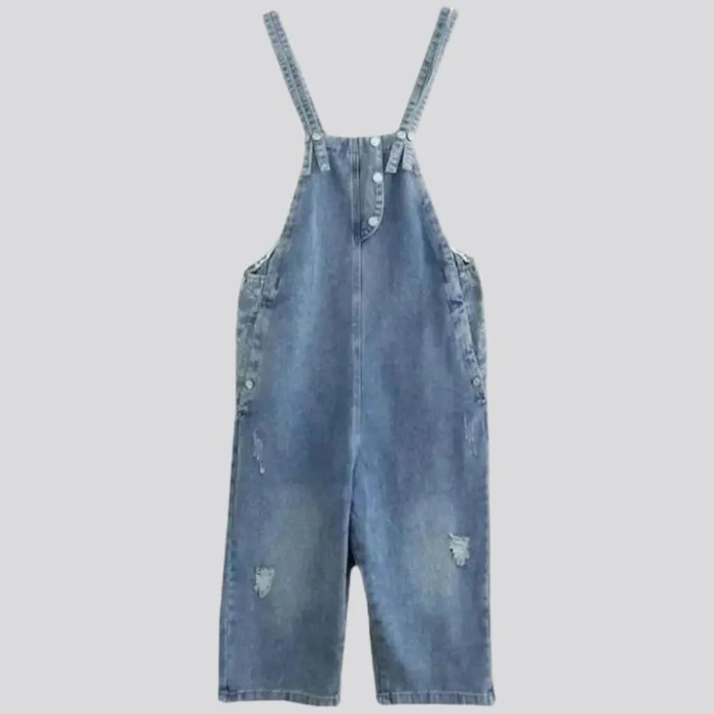 Ripped light-wash jean overall for ladies