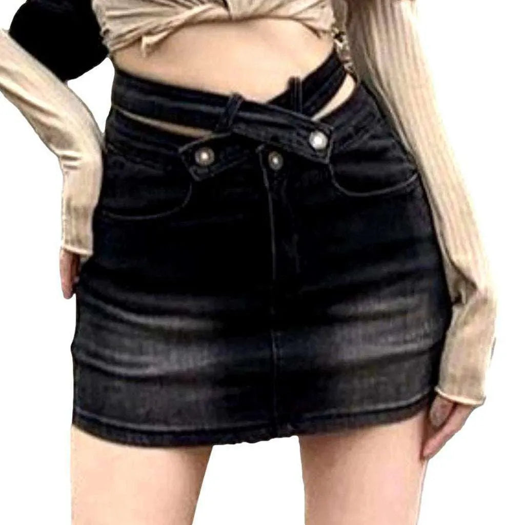 Belt waistband mini denim skirt