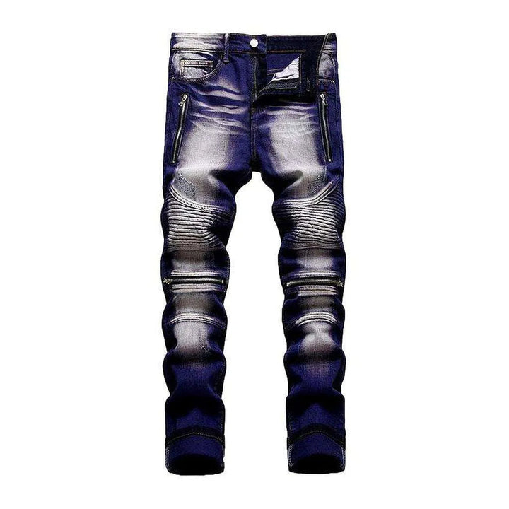 Bleach wash color biker jeans