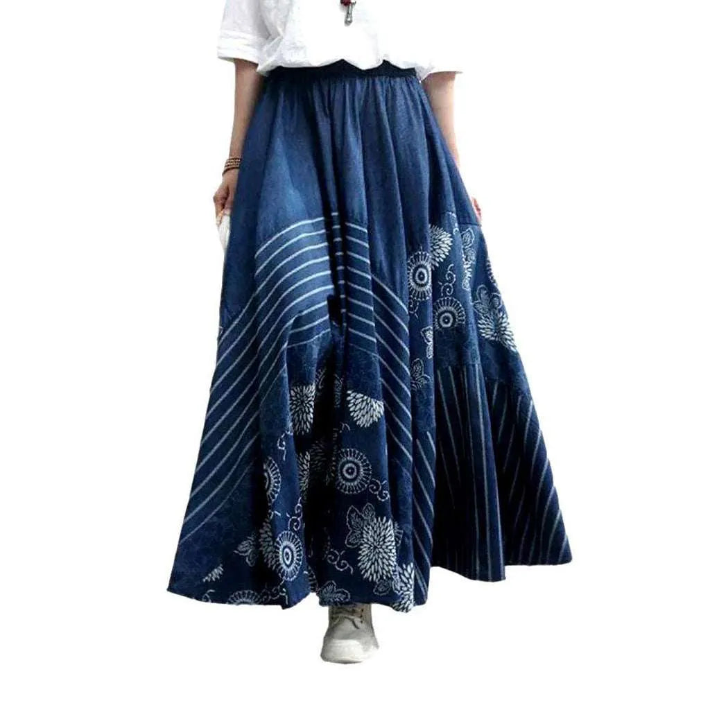 Bohemian flared long denim skirt