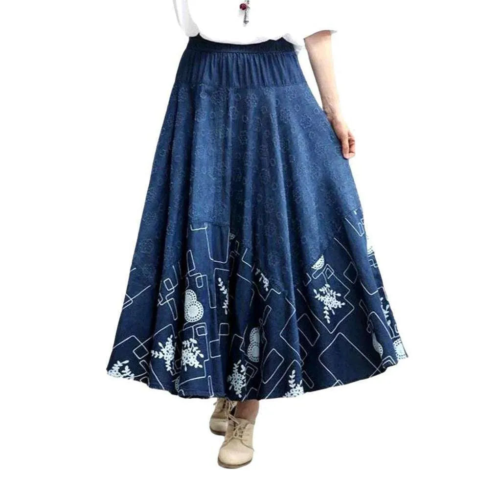 Bohemian flared maxi denim skirt