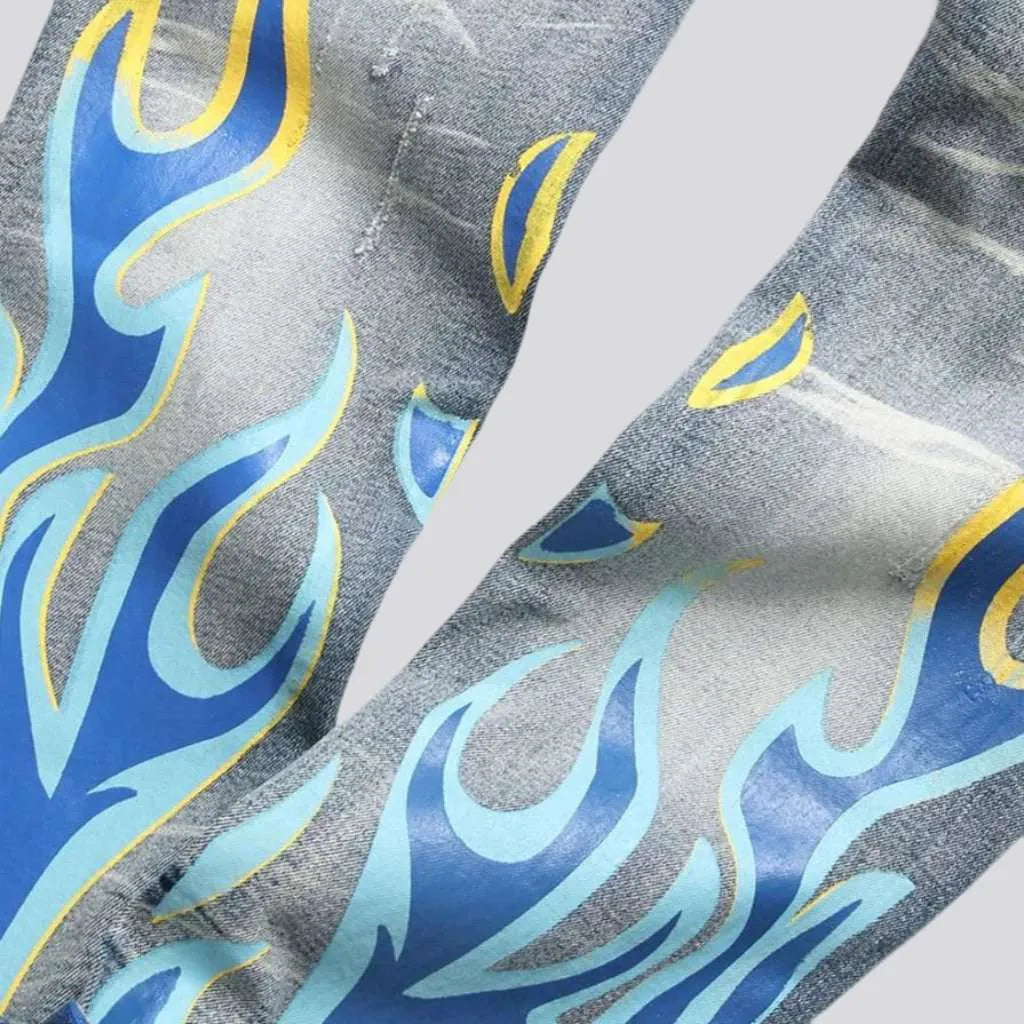 Ripped blue flame print jeans
 for men