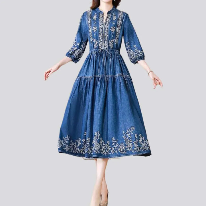 Long boho embroidered denim dress