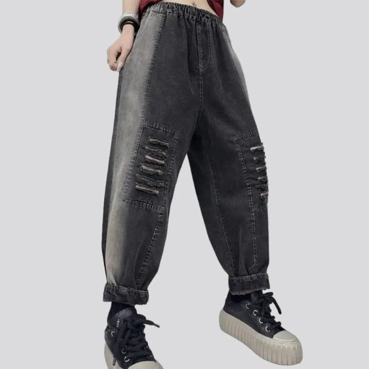 Side-bands distressed denim pants
 for ladies