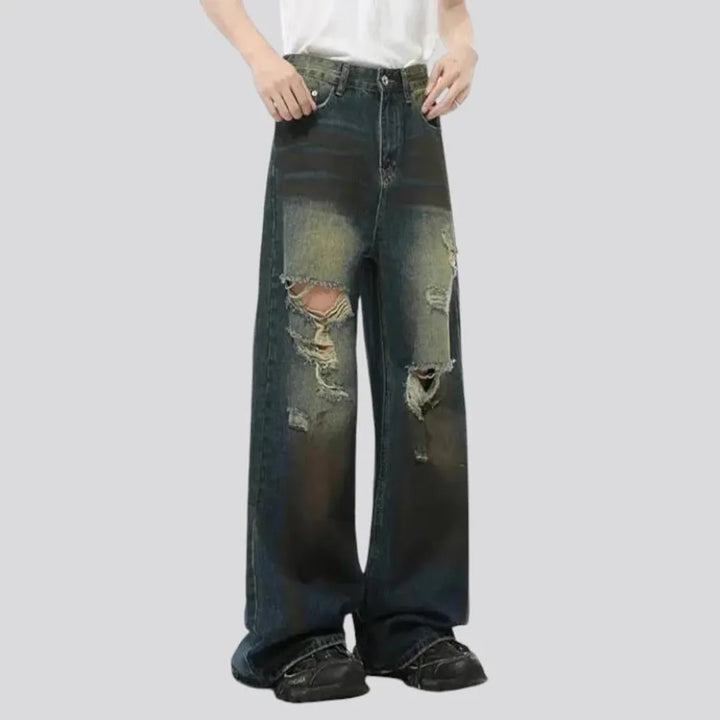 Baggy fashion distressed gradient jeans for men