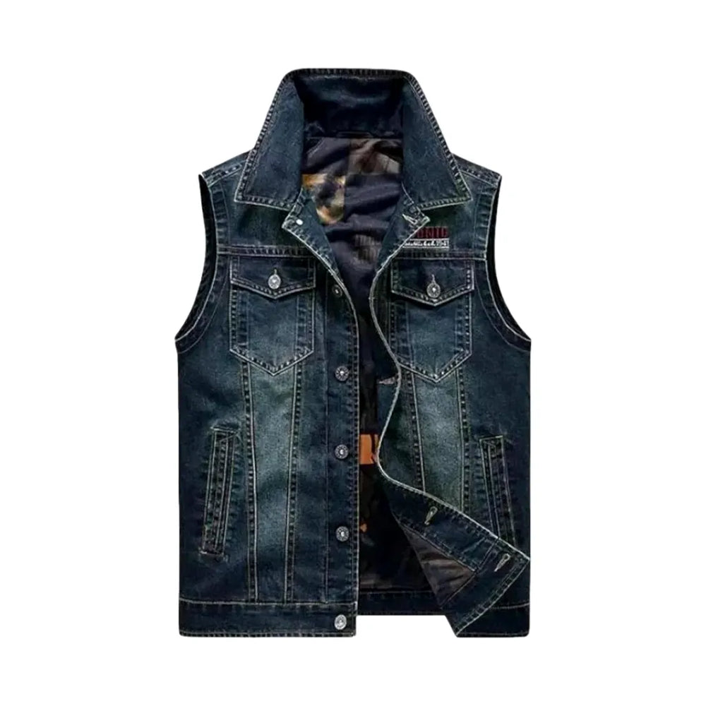 Average Fit Logo Men's Denim Trucker Vest - Dark Blue