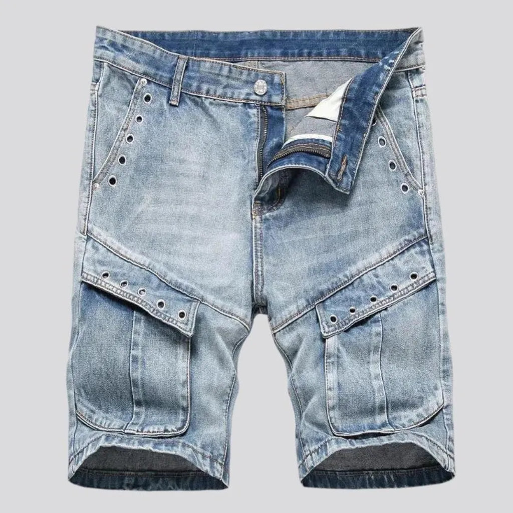 Boho style light wash men's denim shorts