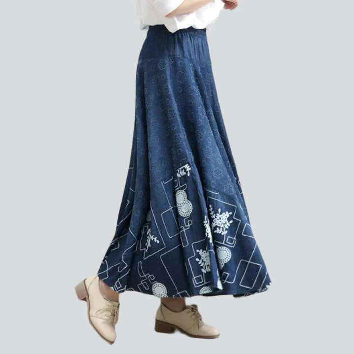 Bohemian flared maxi denim skirt