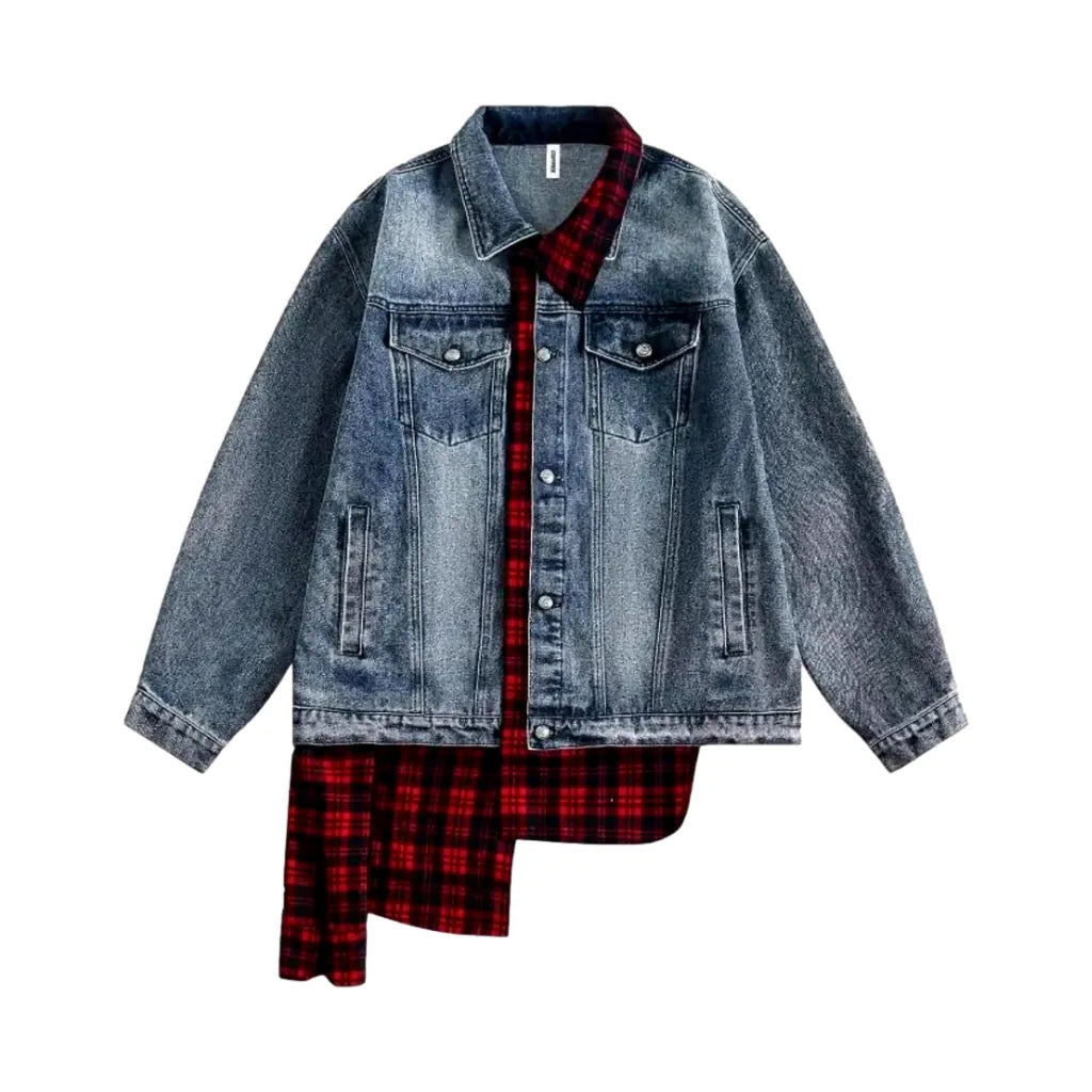 Faded Mixed Plaid Boho Jean Jacket for Men - Red