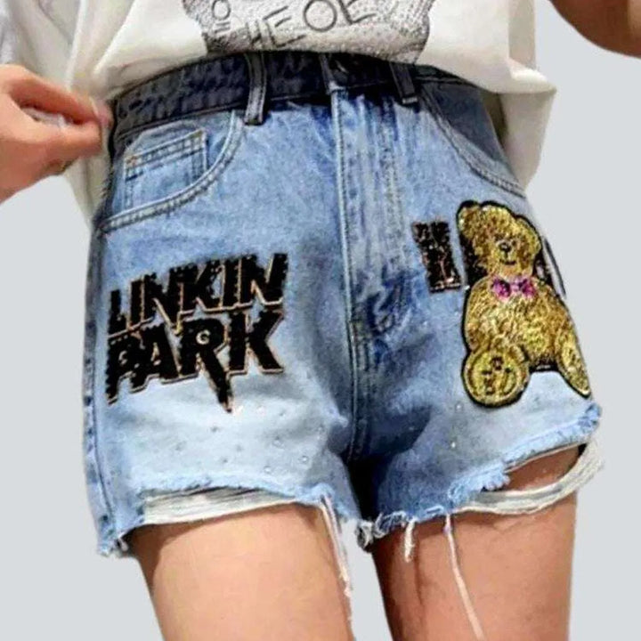 Teddy bear embroidery denim shorts