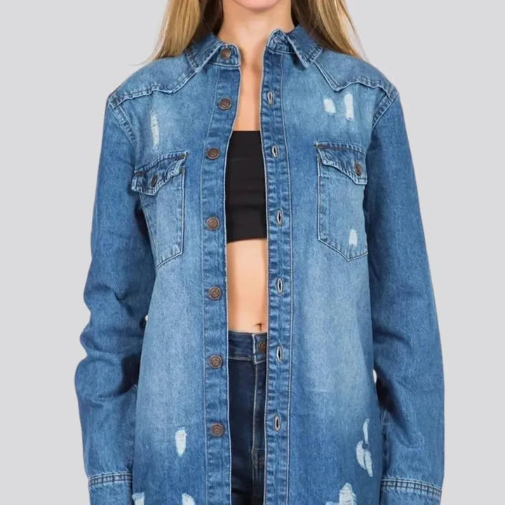 Trendy distressed jean shirt for ladies