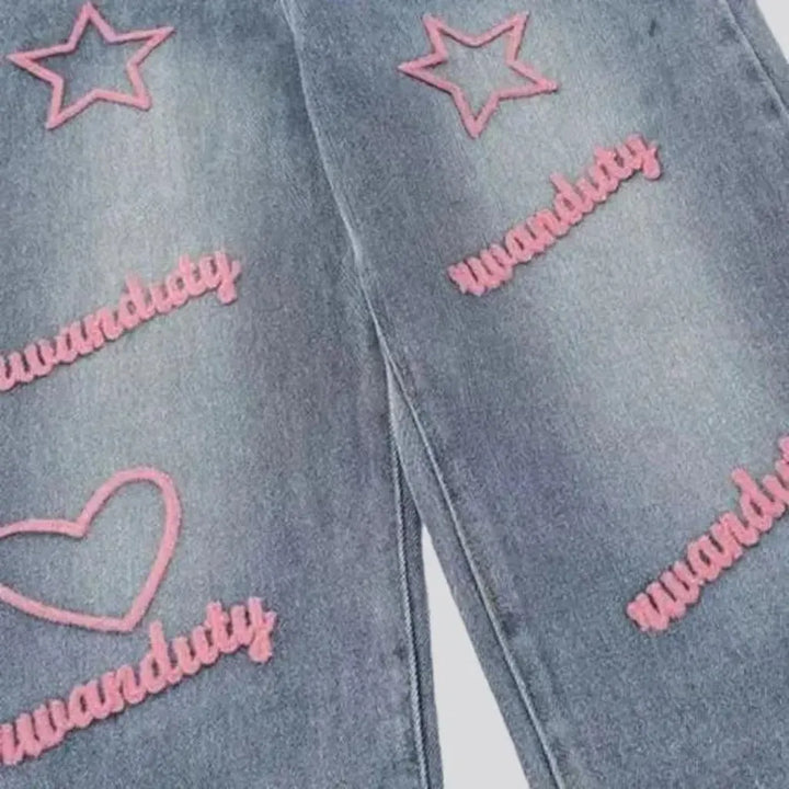 Y2k pink-embroidery jeans
 for women