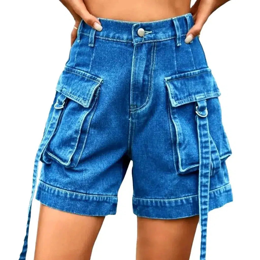 Cargo pocket-straps jeans shorts