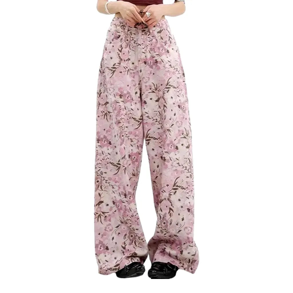 Fashionable Painted Floral Baggy Denim for Women - Pink