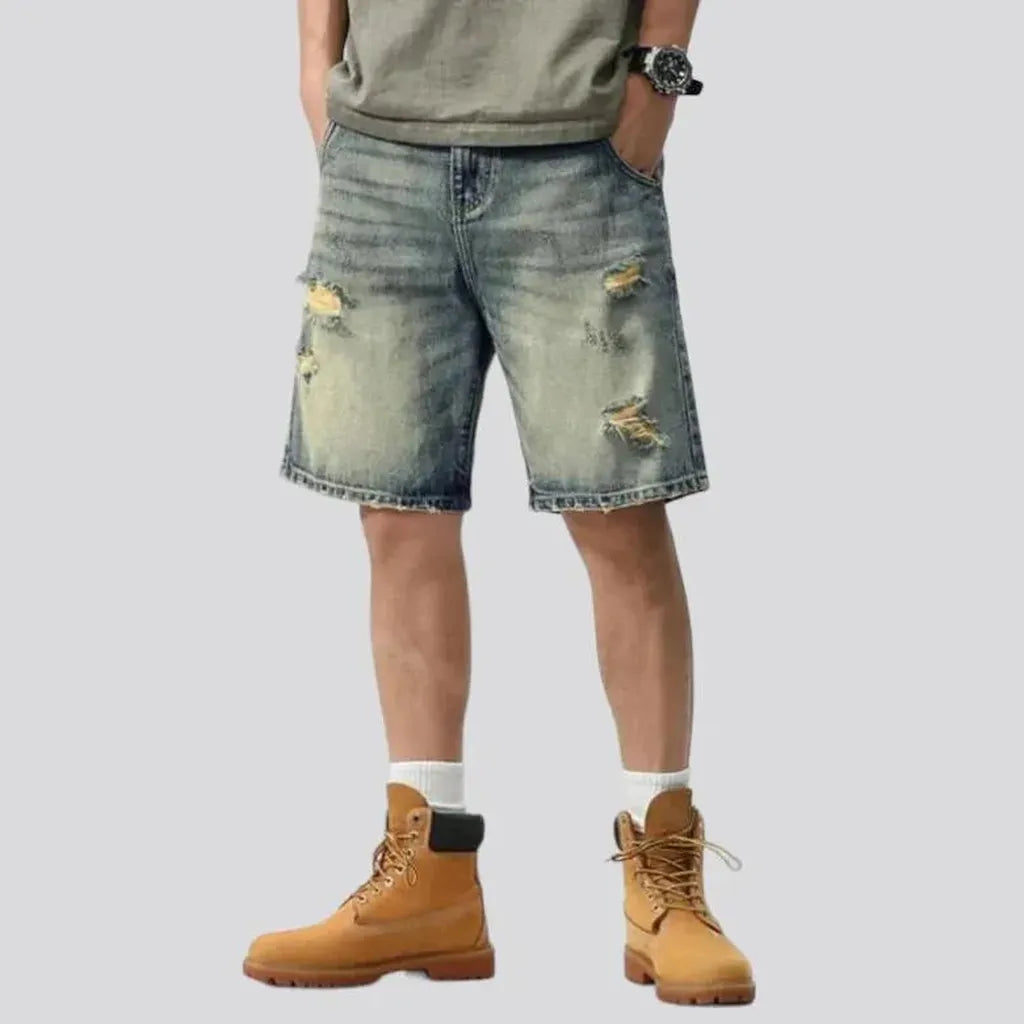 Whiskered distressed jeans shorts for men