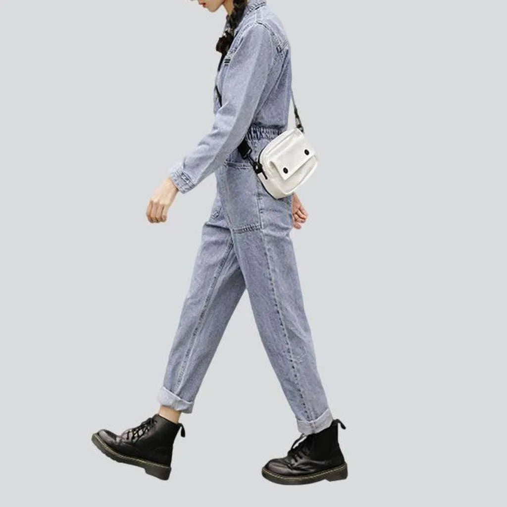 Stylish bleached women's jean jumpsuit