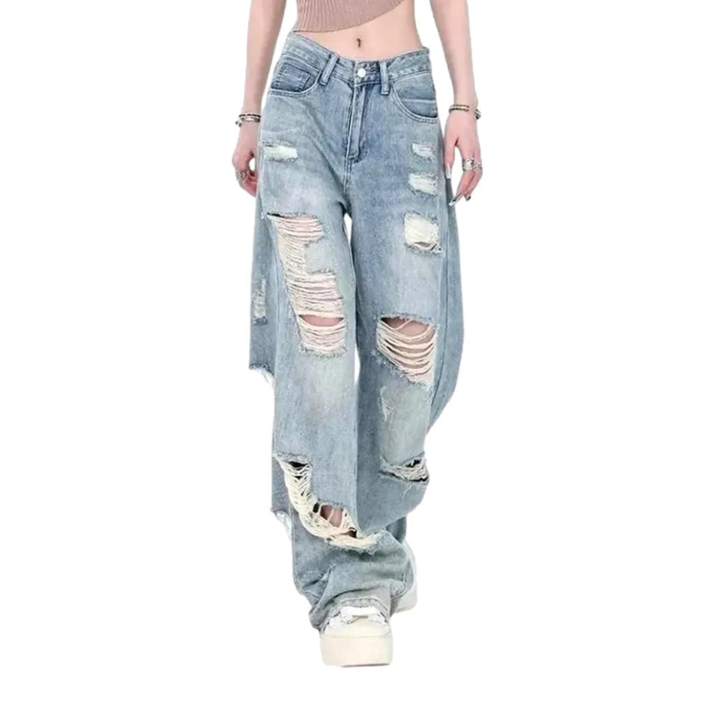 Light Loose Fit Grunge Jeans for Ladies - Light Blue